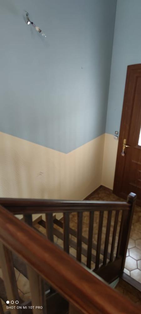 Un escalier avec une rampe en bois foncé. Le mur à côté de l'escalier est peint avec une ligne diagonale bicolore séparant une moitié supérieure bleu clair et une moitié inférieure jaune à motifs.