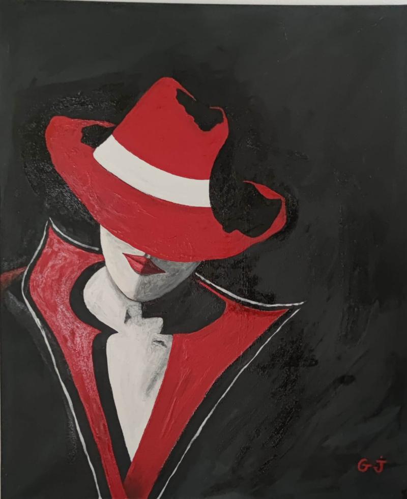 Tableau de style moderne d'une personne mystérieuse avec un chapeau rouge.