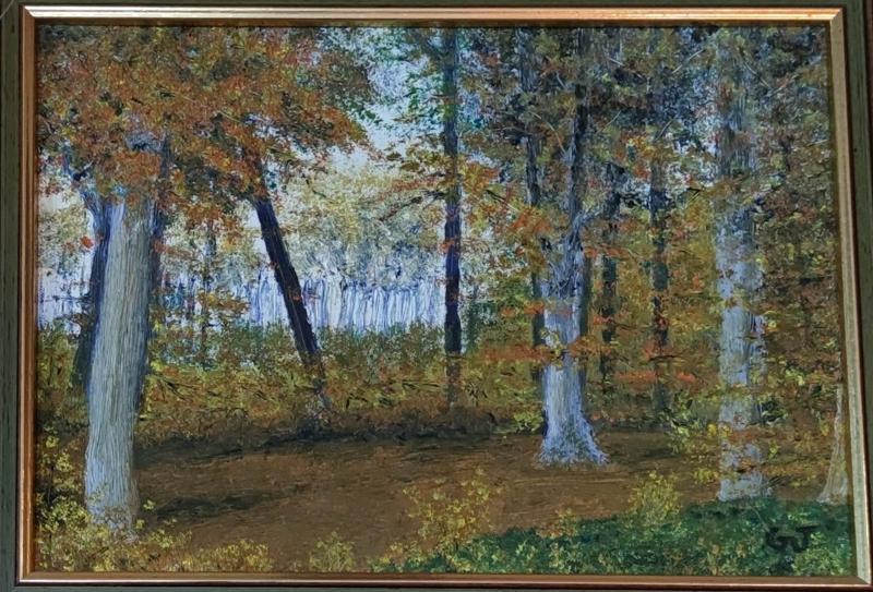 Un tableau encadré d'une scène de forêt avec des arbres dans des tons variés de brun, jaune et vert, suggérant l'automne. Le coup de pinceau est texturé et riche.