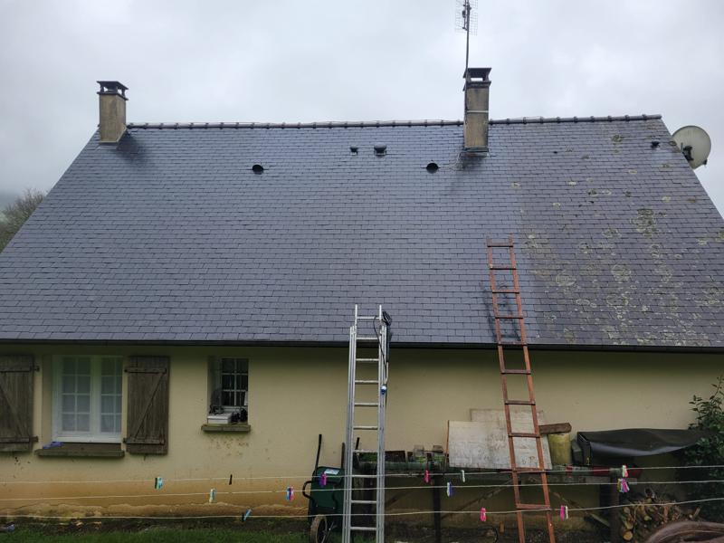 Toiture en ardoise avec de la mousse et du lichen avant le début des travaux de nettoyage.