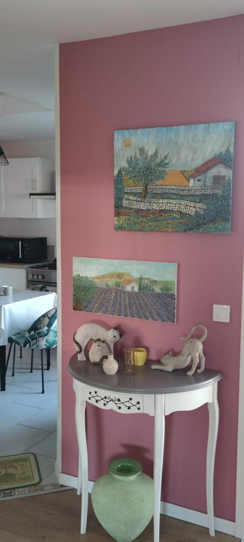 Zoom sur un mur rose framboise décoré de deux peintures de paysages provençaux et d'une console blanche avec des figurines de chats.
