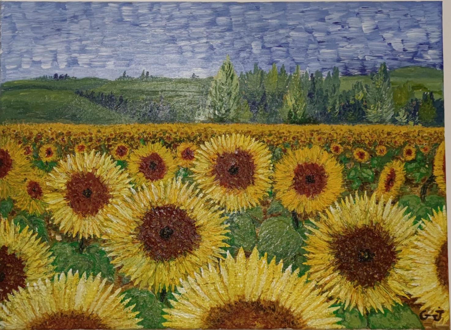 Peinture d'un champ de tournesols en fleurs sous un ciel d'été.