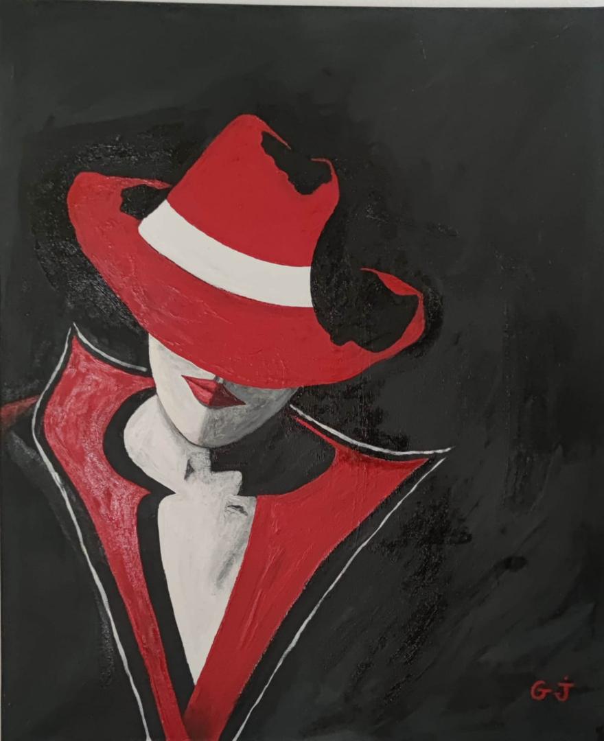 Tableau de style moderne d'une personne mystérieuse avec un chapeau rouge.